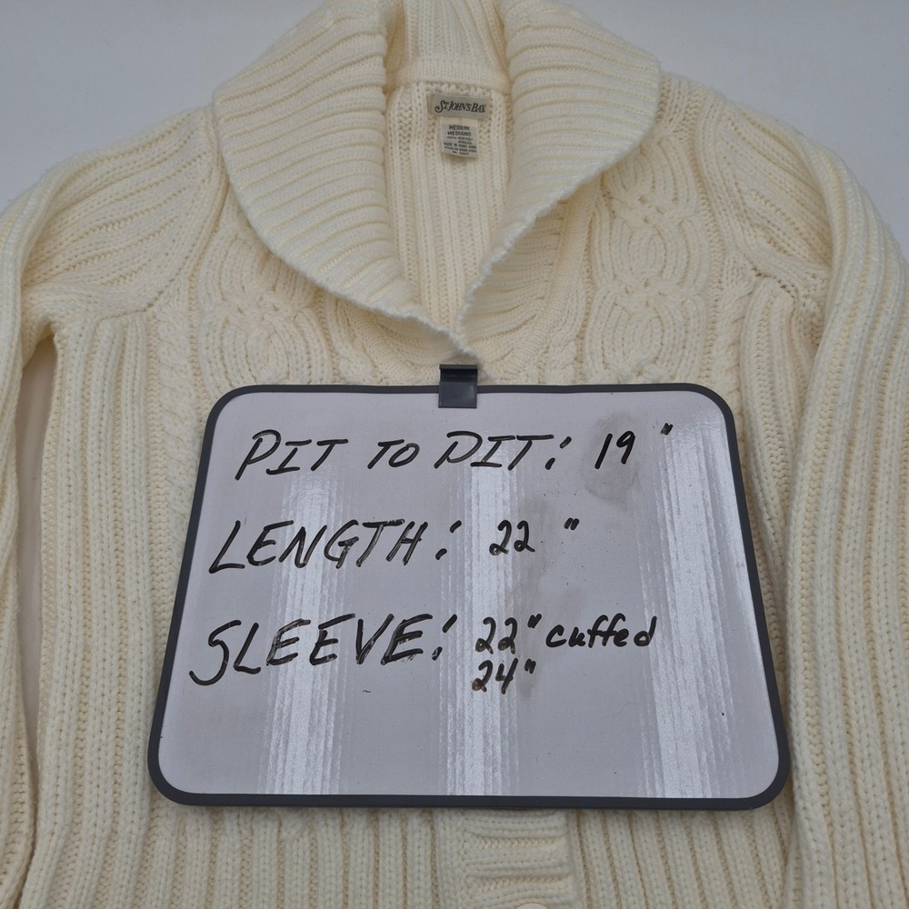 St Johns Bay Womens Cream Cable Knit Shawl Collar Button Front Cardigan Medium - Picture 5 of 5